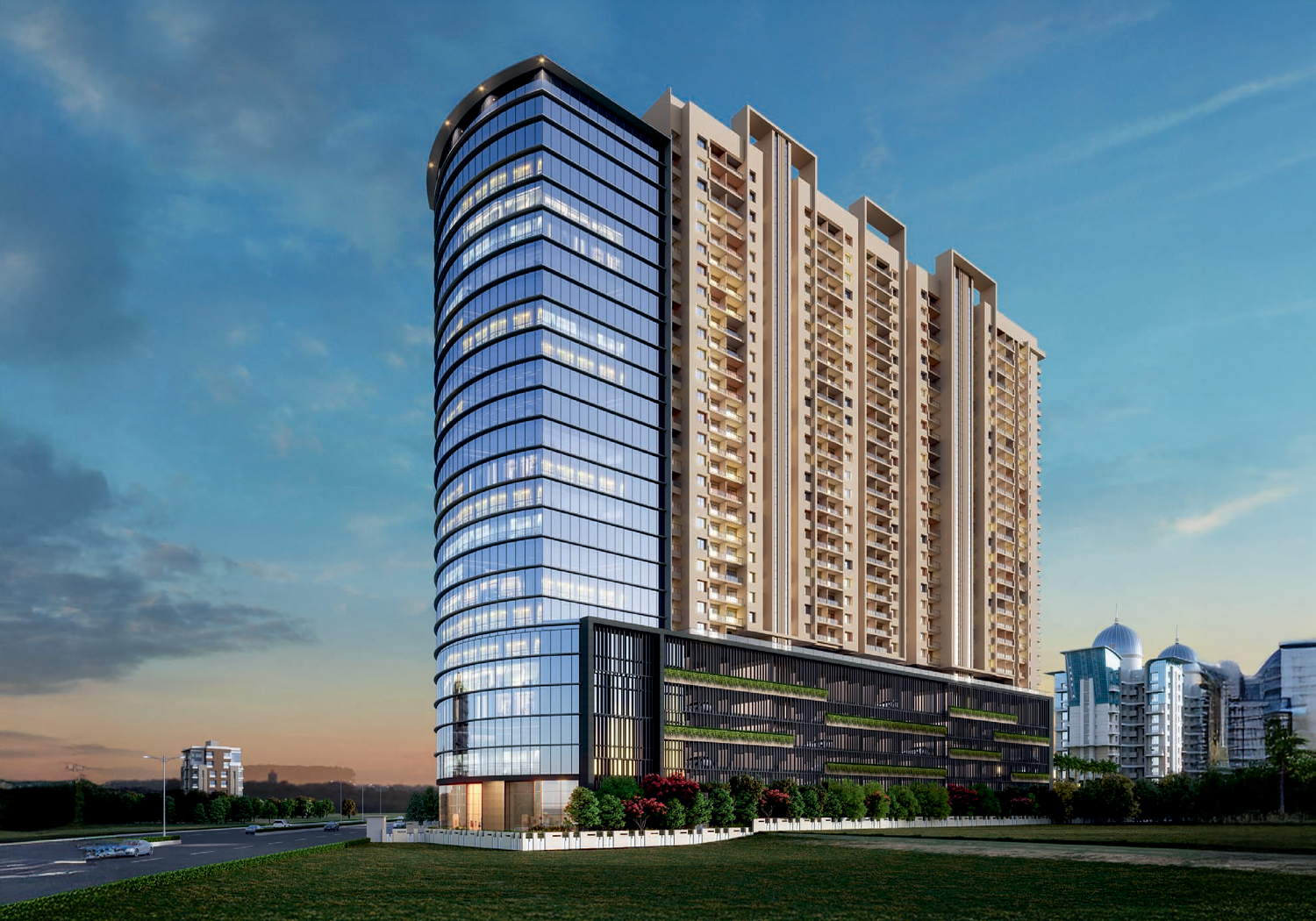 Exterior view of Venkatesh Midori Towers &mdash; photo gallery, images, brochure, amenities, cost sheet, price breakup, availability details, RERA number, RERA certificate, possession date, layout plan, logo, floor plan, master plan, and location map showcasing project highlights and features.